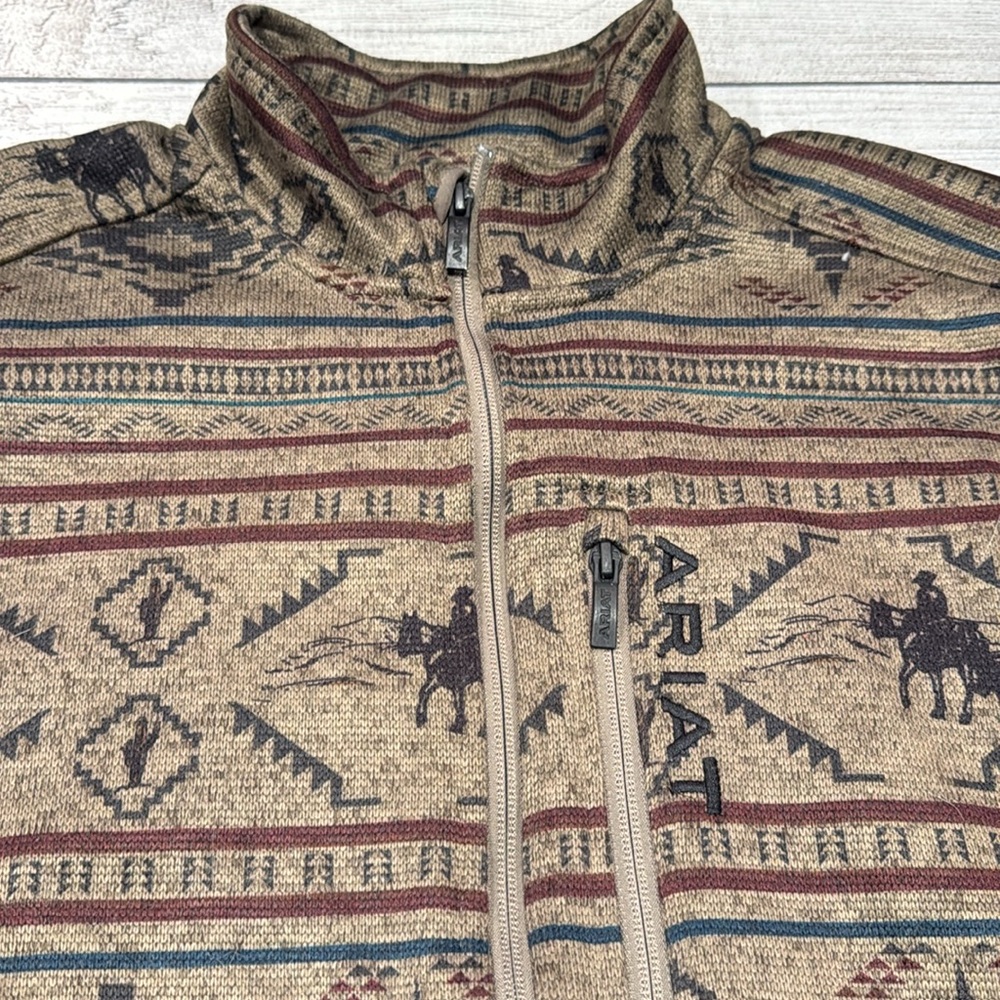 Men's Ariat Caldwell Western Print Full Zip Sweater size M brown - Picture 2 of 14